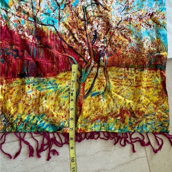 Pure Silk Viscose Oblong Art Oil Fall Trees Painting Scarf 68” L - Picture 5 of 7